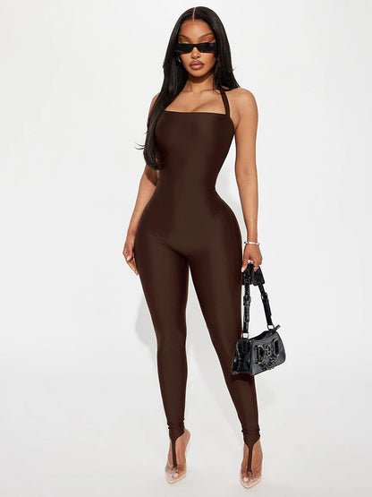Weird Puss Hipster Backless Jumpsuit Women Halter Lace-Up Low Chest Sexy Solid Midnight Activity Stretch Slim Streetwear Overall