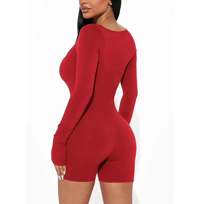 Fashion Long Sleeve Bodycon Jumpsuits for Women Short Pants Jumpsuits Rompers Crew Neck Sexy Tights One Piece Playsuit Romper