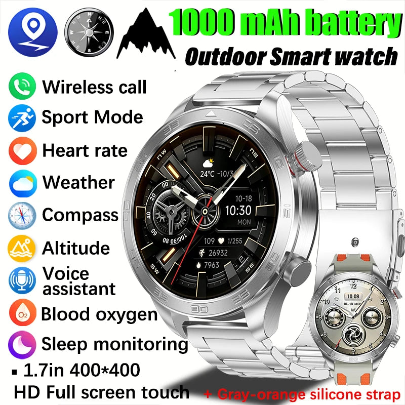 2026 new business men's smart watch 1000 mAh battery with compass altitude pressure IPX8 waterproof call sports health watch