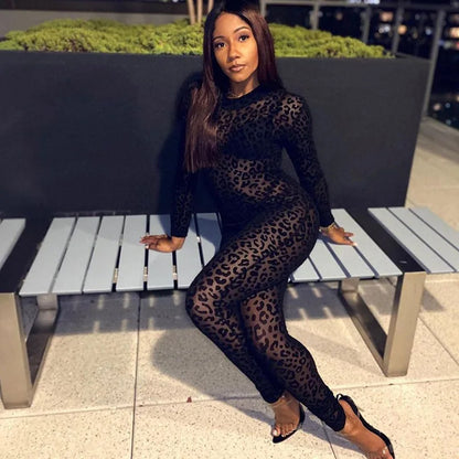 Leopard Print New Women's Jumpsuit Slim Long-sleeved Sexy Flocked See-through Slimming Jumpsuits For Woman Комбинезон Женский