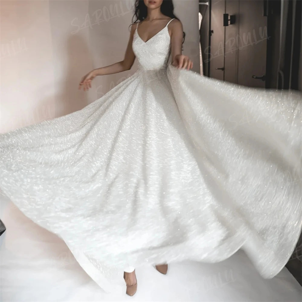 Spaghetti Straps Shinny Wedding Dress A-line V Neck Glitter Bridal Gown For Wedding Party Bride Dresses Custom Made Sequined