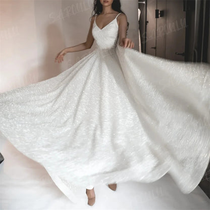Spaghetti Straps Shinny Wedding Dress A-line V Neck Glitter Bridal Gown For Wedding Party Bride Dresses Custom Made Sequined