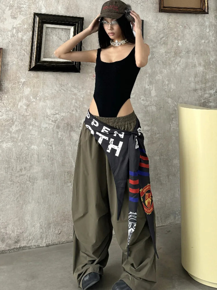 Women Y2K Wide Leg Cargo Pants 2026 Spring Cross-layer Straps Casual Hip Hop Dance Streetwear Trousers Baggy Vintage Fashion