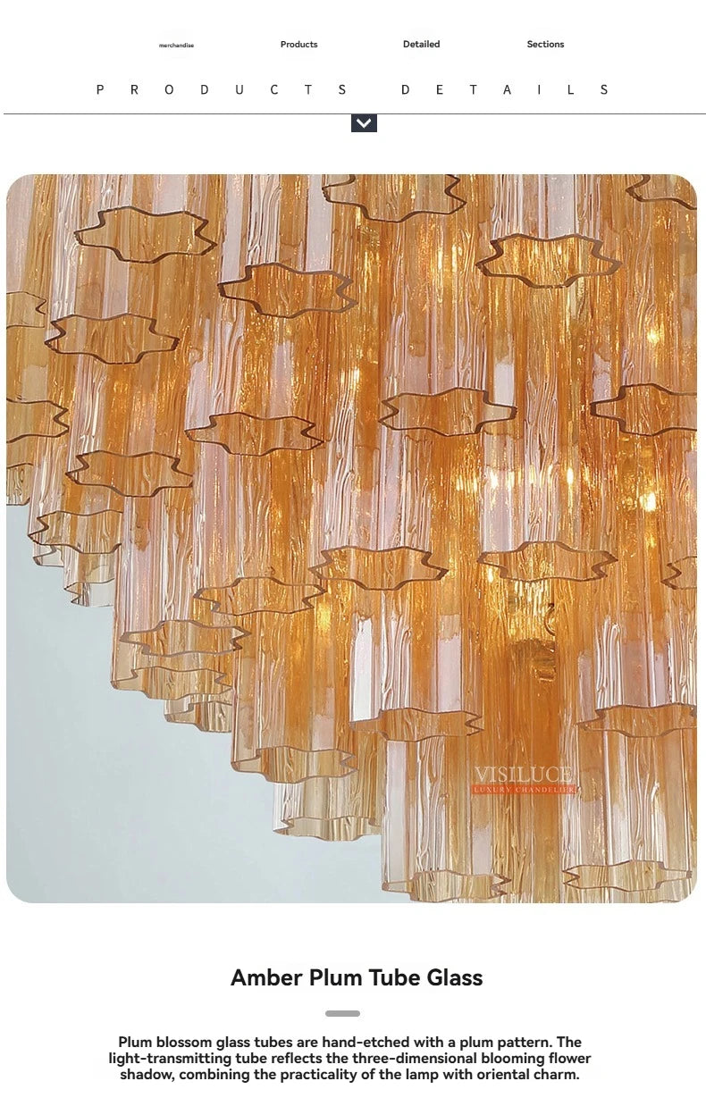 Round Murano Glass Ceiling Chandelier For Dining Living Room Bedroom Foyer Amber Glass Crystal Tube Hanging Chandelier Lights