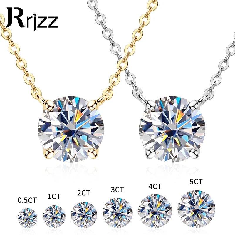 Rrjzz 0.5-5CT Moissanite Pendant Necklace for Women Solitaire D Color Round Cut Lab Imitation Diamond GRA Certified Necklaces