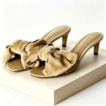 Fashion Satin Bow Detail Mules Sandals Women High-quality Open-Toe Kitten-Heel Slippers for Ladies Luxury Brand Designer Shoes