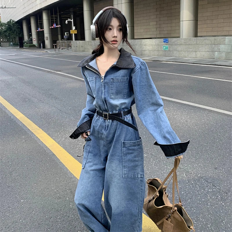 Retro PU Patchwork Denim Jumpsuits Women Long Sleeve Elastic Waist Loose Casual Romper Zipper Pocket Wide Leg Jeans Patns