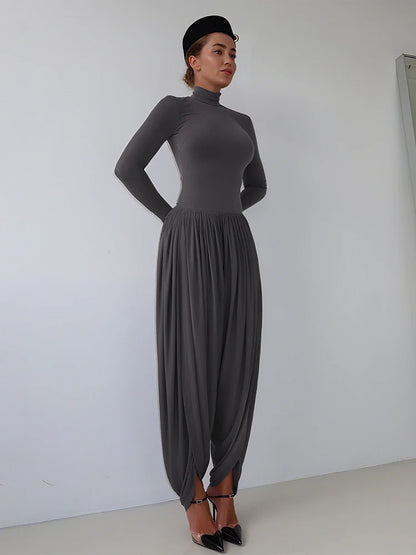 Whatiwear Casual Fashion Jumpsuits Woman Autumn Trend Turtleneck Full Sleeve Ruched Design Daily Simple Office Style Overalls