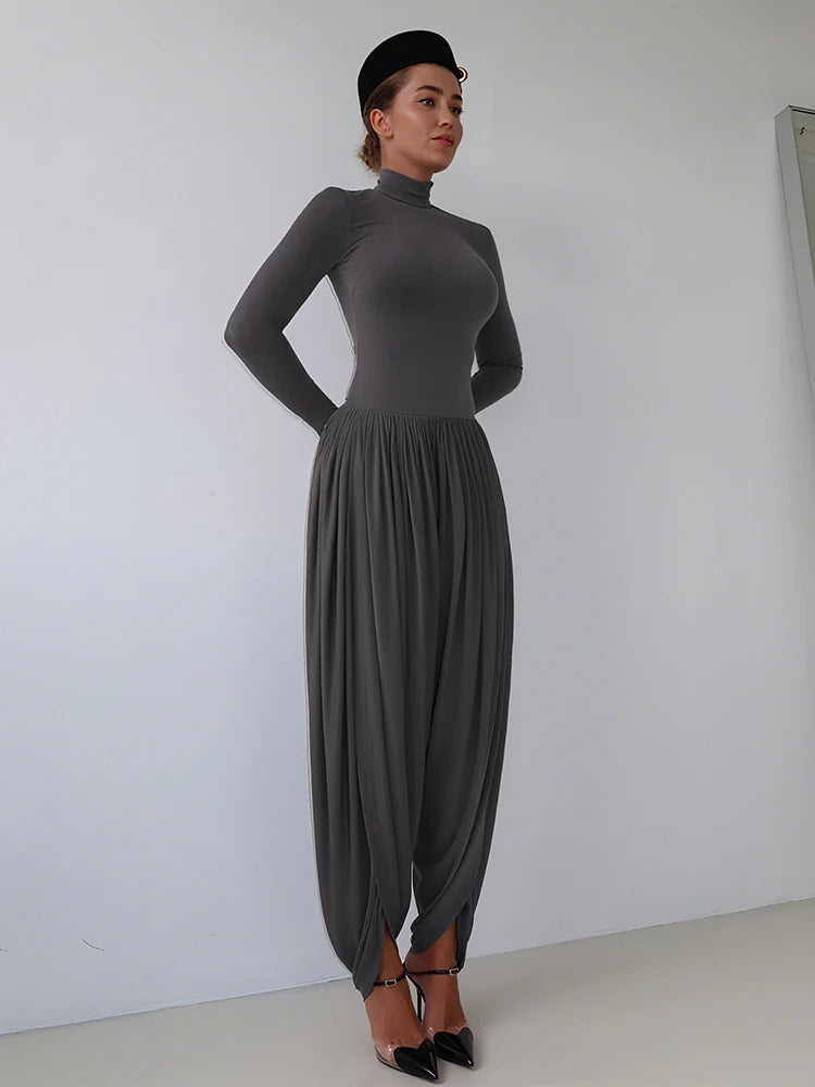 Whatiwear Casual Fashion Jumpsuits Woman Autumn Trend Turtleneck Full Sleeve Ruched Design Daily Simple Office Style Overalls