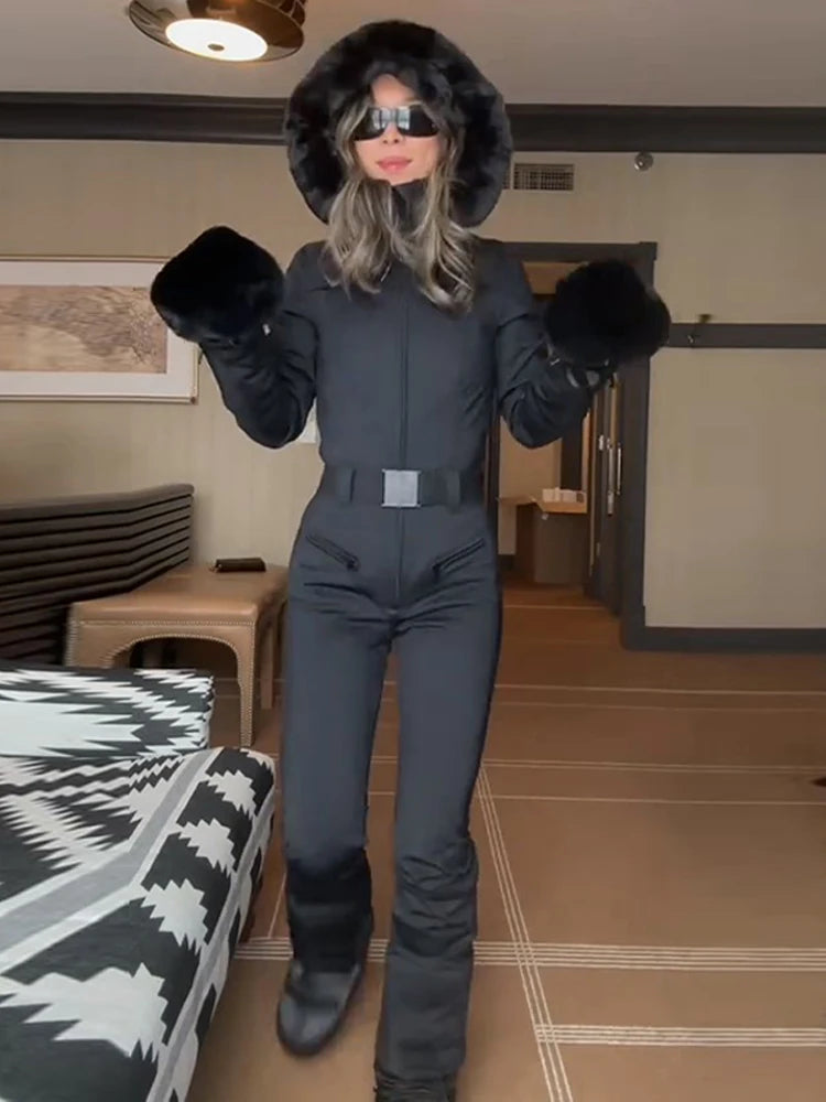 Chic Faux Fur Patchwork Women's Ski Jumpsuit High Wait Belt Zippers Pocket Lady Ski Wear 2025 Winter Spring Female Romper