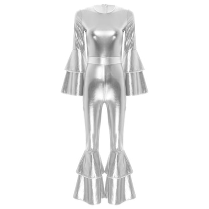 Womens 70S Disco Vintage Jumpsuit Metallic Shiny Flare Sleeve Bodysuit Hippie Bell Bottom Jazz Dance Carnival Rave Party Costume