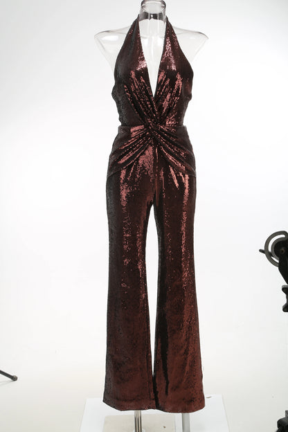 VC Gold Elegant Jumpsuits For Woman Luxury Brown Sequins Design Fashion Party Sexy Backless Sleeveless One Piece Female Clothing