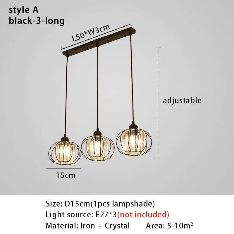 Crystal LED Pendant Lights For Dining Room Living Room Nordic Black Iron Shade 1/3 Lights Kitchen Decor Hanging Ceiling Lamp