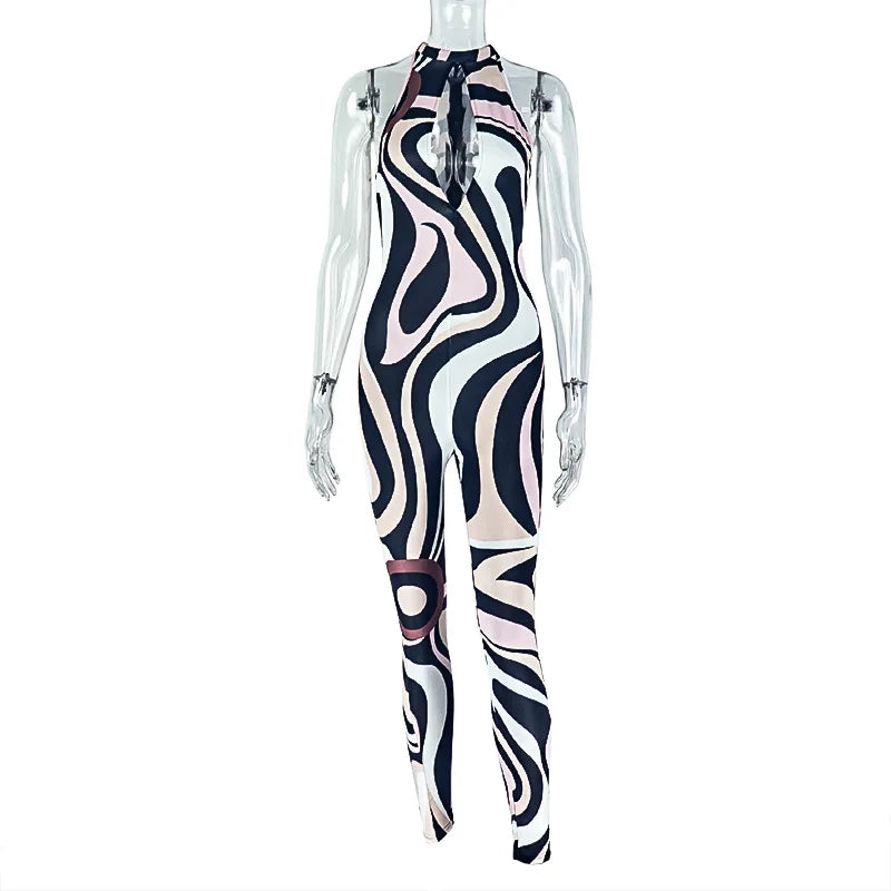 Zebra Print Jumpsuit Women o-Neck Sexy Hollow Off shoulder Sleeveless Skinny Peach Hip Hottie Street Fashion Overalls