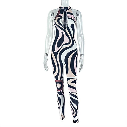 Zebra Print Jumpsuit Women o-Neck Sexy Hollow Off shoulder Sleeveless Skinny Peach Hip Hottie Street Fashion Overalls