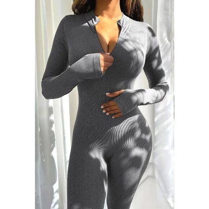 Women Yoga Running Tight Ribbed Long Sleeve Zipper Jumpsuit Pants
