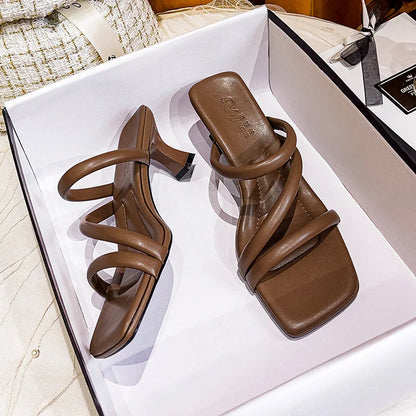 Elegant Ladies Glass Tacones Slippers Open Toe Thick Band Sandals Women High Heels Shoes Wedges Open Toe Slides Beach Sandalias