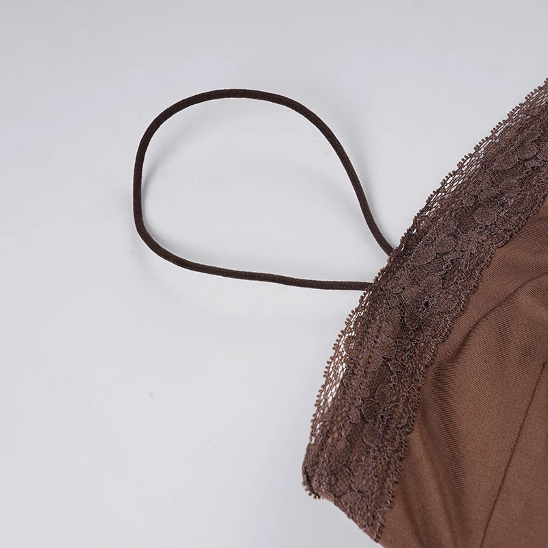 SUCHCUTE Sexy Lace Patchwork Strapless Jumpsuit Women Brown Rompers Y2k Casual Bodysuits Vintage One-piece Suit Summer Aesthetic