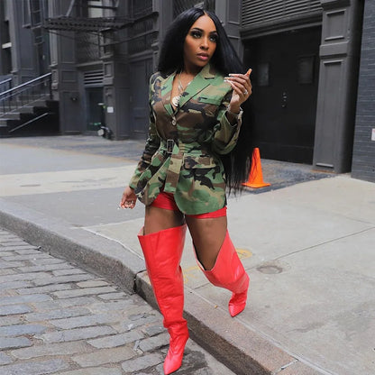 Women Camouflage Coats Belted Jacket Long Sleeves Notch Lapel Collar Single Breasted Slim Streetwear Casual 2025 Spring Autumn