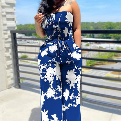 Women's Sexy Strapless One Piece Printed Pants Summer Fashion Lace Up High Waisted Slim Sleeveless Female Beach Holiday Jumpsuit