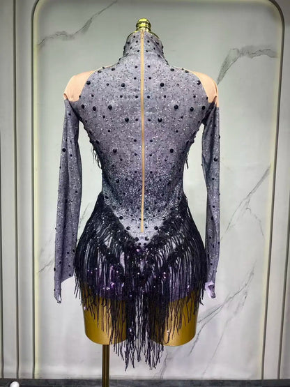 Sparkly Rhinestones Sequins Tassels Bodysuit for Women Sexy Performance Dance Costume Singer Dancer Leotard Show Stage Wear