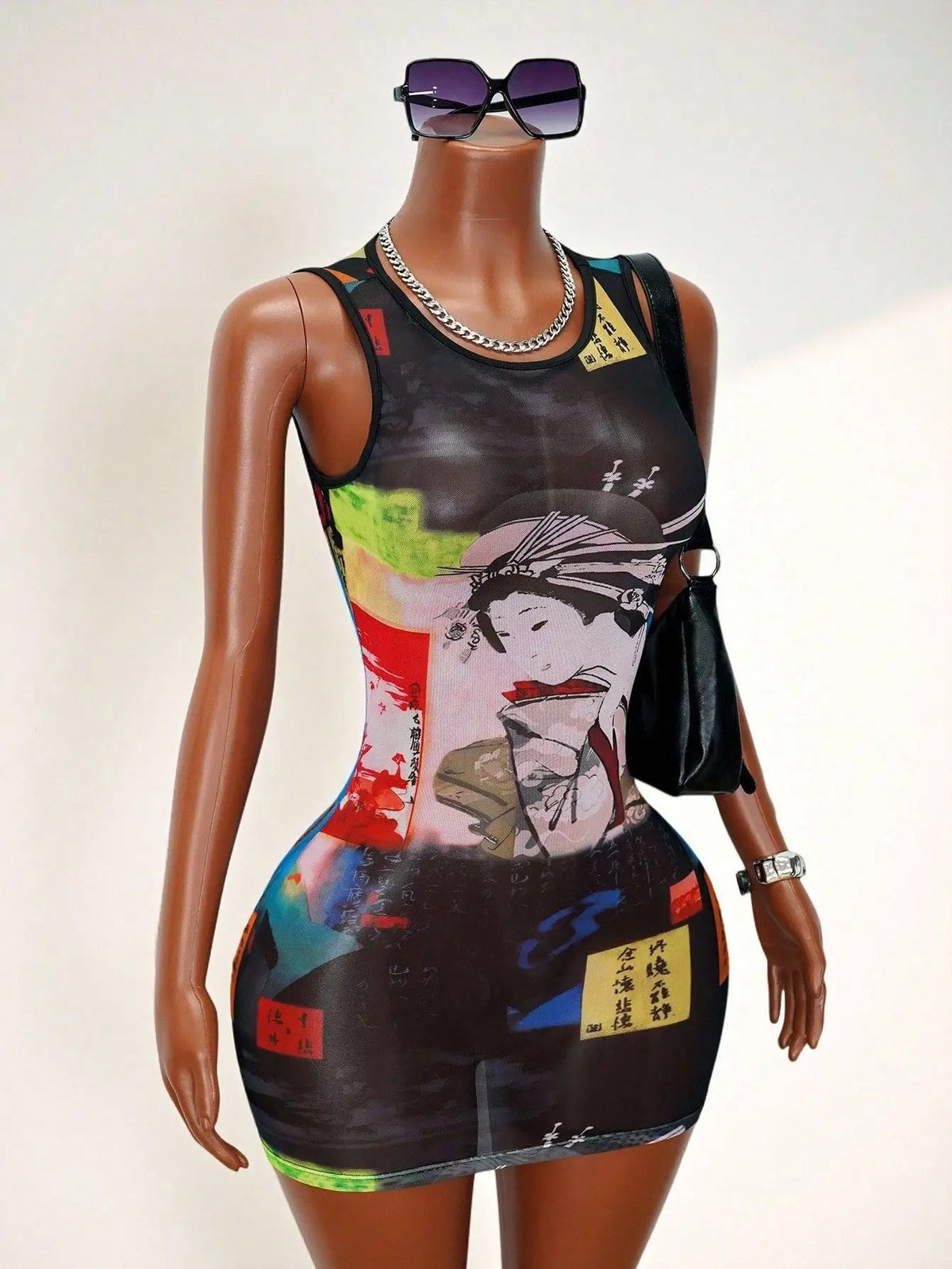 Japanese Geisha Print Mesh Bodycon Dresses Women Sleeveless See Through Sheer Streetwear Club Party Sexy Slim Fit Tank Dress