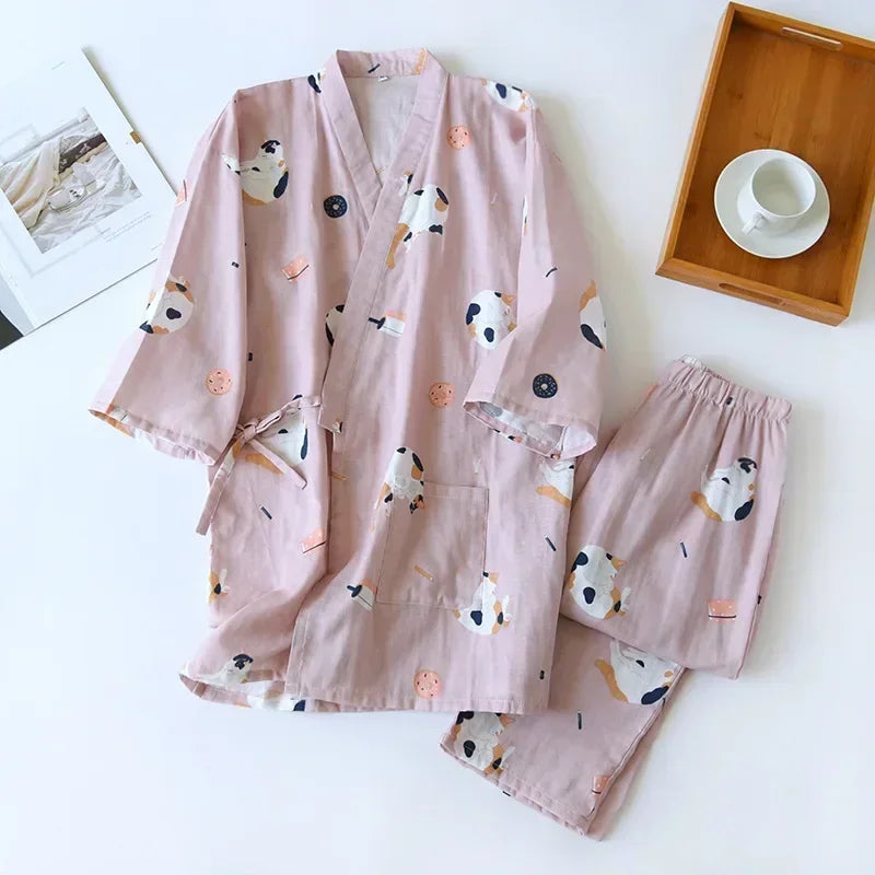 2026 new seven-sleeve Japanese-style kimono pajamas set female spring and autumn 100% cotton gauze home clothes cute sweet two-p
