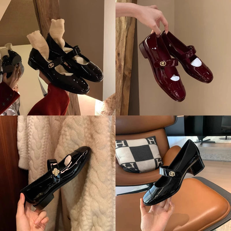 Women Two Tone Mary Jane Shoes 2026 New Patent Leather Buckle Strap Low Heel Casual Shoes For Office And Daily Wear Elegant