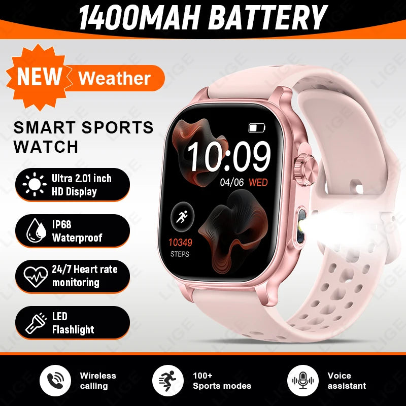 LIGE Militray 1400mAh Large Battery Smart Watch For Men 2.01 inch HD Screen 100+Sports Mode Bluetooth Call Men Women Smartwatch