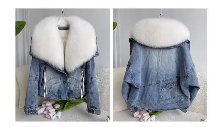 Winter Thickened Short Denim Jacket Fashion  Parkas Jeans Jacket Luxury Fur Coat Removable Fur Collar Cotton Jacket New
