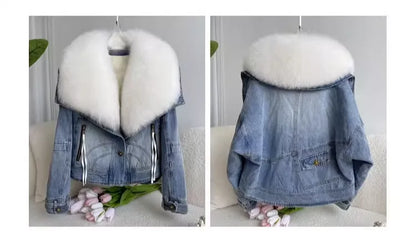 Winter Thickened Short Denim Jacket Fashion  Parkas Jeans Jacket Luxury Fur Coat Removable Fur Collar Cotton Jacket New