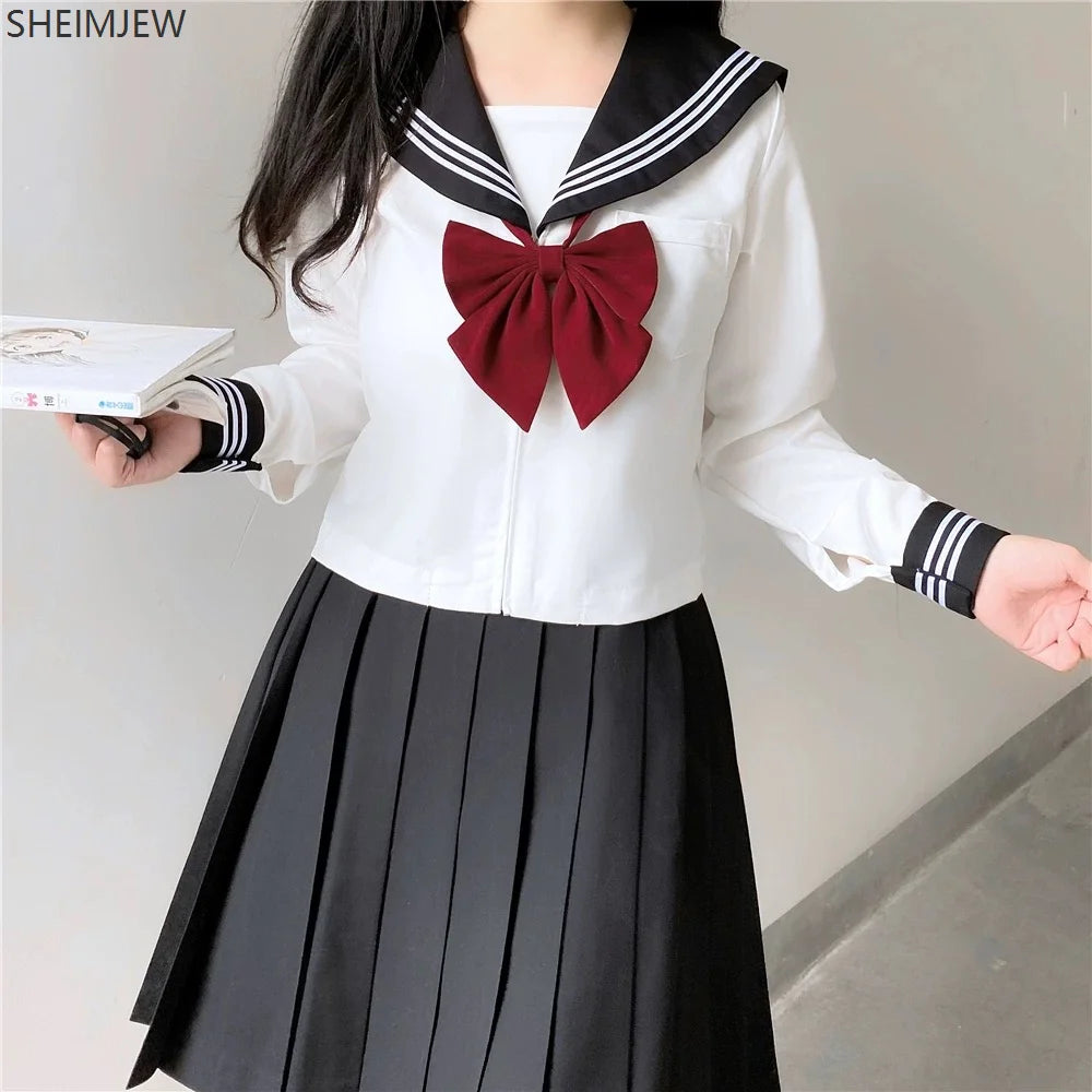 Japanese School Uniform Cute Girl Jk Suit Black Collar White Three-piece Suit Campus Sailor Suit Bow Long-sleeved Suit Uniform