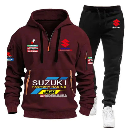 2026 Suzuki Men's Hoodie, Half-Closed Front Multi-Pocket Sport Shirt + Athletic Pants Two-Piece Set for Cycling, Running and Mot
