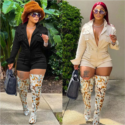 Casual Women Denim Rompers Mini Lenth Jumpsuits Long Sleeves Turn Down Collar Top High Waist Zipper Pants Slim Fit 2025 Summer