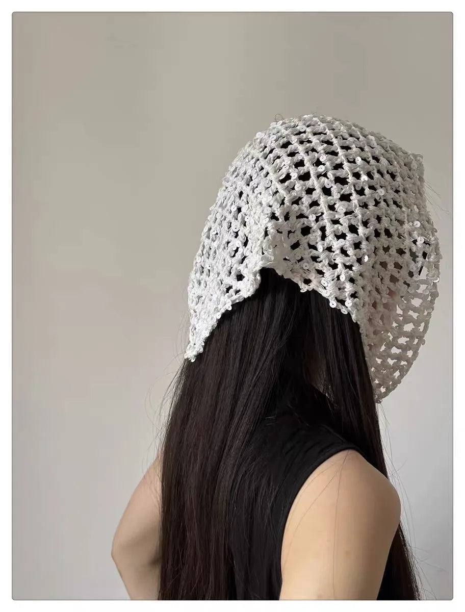 French Retro Knitted Triangular Towel Female Hottie Travel Sweet and Cute Literary Style Handmade Crochet Headscarf Headband
