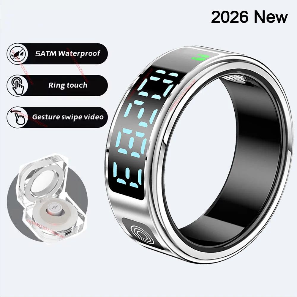 2026 R12 Smart Ring with Display Screen and Touch, Wireless Charging, Health Manager 5ATM Waterproof For Men Women Smartring New