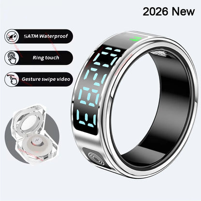 2026 R12 Smart Ring with Display Screen and Touch, Wireless Charging, Health Manager 5ATM Waterproof For Men Women Smartring New