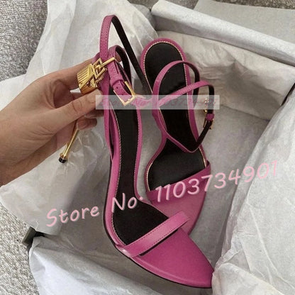 Metal Heel Lock Metallic Leather Sandals Female Luxury Open Toe Stiletto High Heels Shoes Lady Elegant Party Ankle Strap Sandals