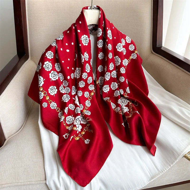 90cm Floral Print Silk Square Scarf Women Luxury Brand Satin Shawls Neckerchief Wrap Scarves Bandana Hair Hjiab Bohemian Style