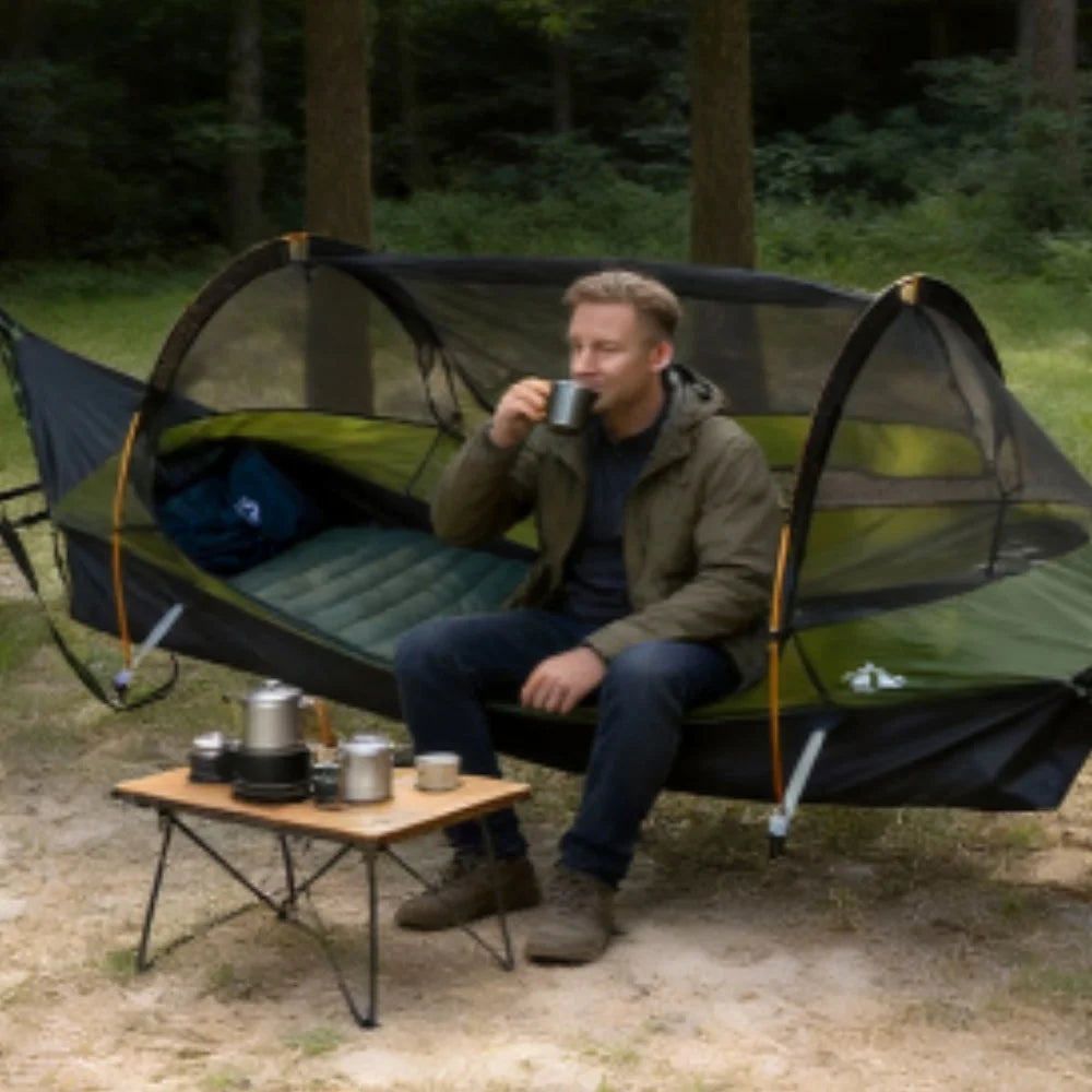 Night Cat Flat Lay Hammock Tent with Mosquito Net Sleeping Air Pad and Waterproof Rainfly for 1 Person Backpacking Hiking Camping Lightweight 330LBS 87x28x19in