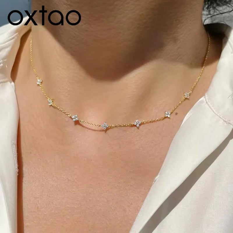 OXTAO Mini Four-Leaf Charm Necklace for Women 14K Gold Filled D VVS1 3mm Moissanite Flower Clover Necklace Luxury Jewelry Gift