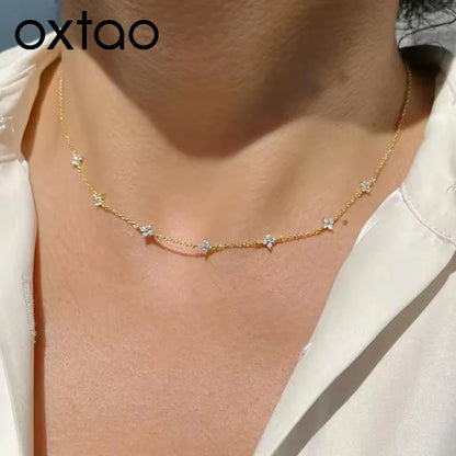 OXTAO Mini Four-Leaf Charm Necklace for Women 14K Gold Filled D VVS1 3mm Moissanite Flower Clover Necklace Luxury Jewelry Gift