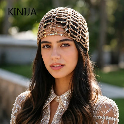 Fashion Vintage Sequined Hollow Pullover Hats Women Spring Summer Travel Photo Atmosphere Versatile Y2K Knit Beanie Hat Girl