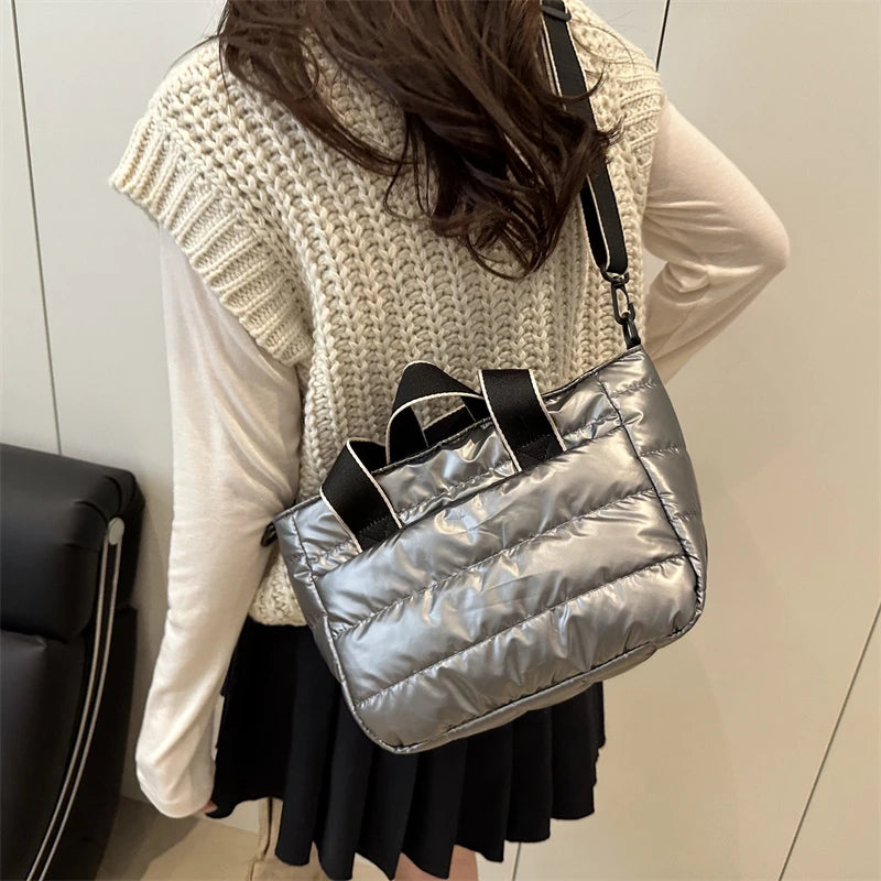 2025 Winter Luxury Quilted Tote Bag Women Fashion Down Puffer Shoulder Bag Large Capacity Crossbody Messenger Purse Nylon Gift