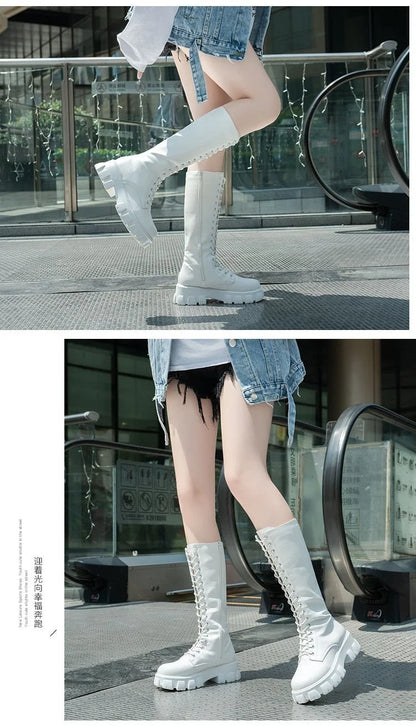 Women's Mid Calf Boots Padded Shoes Knee High Winter Sneakers Punk Style Military Casual White Black 2024 Lucury Platform Woman