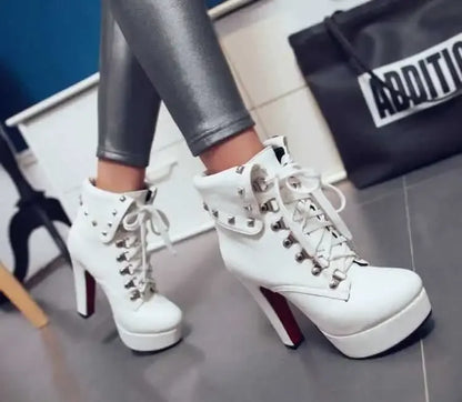 Autumn Waterproof Platform Chunky White High Heels for Women Solid Color Round Head Front Lace-up Low Leg Punk Rivet Ankle Boots