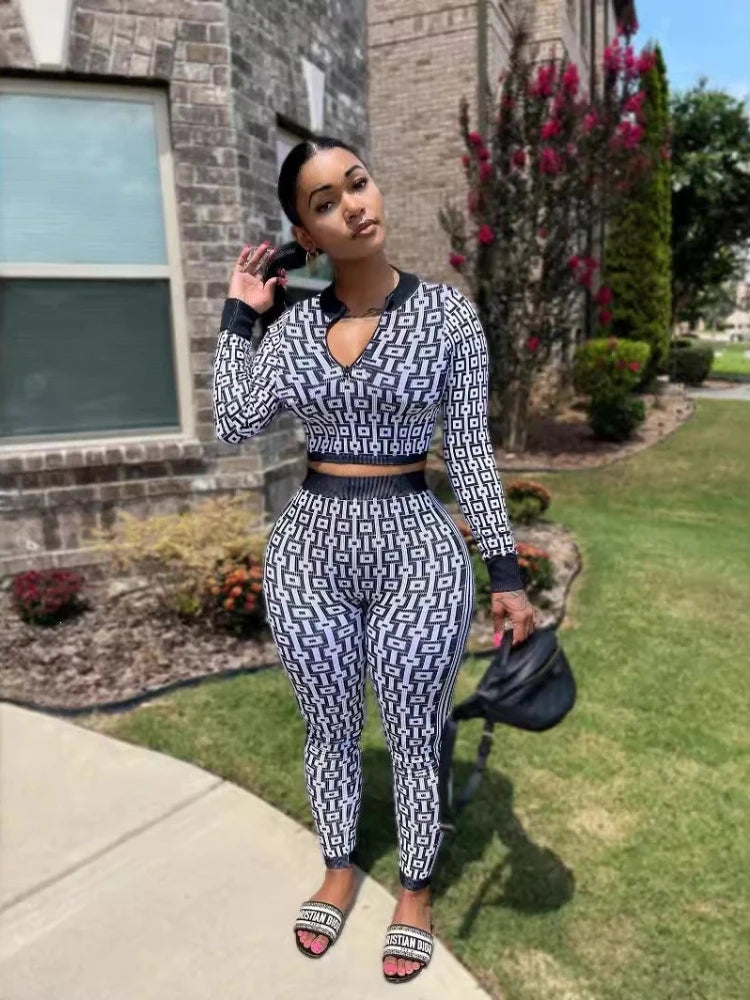 Pant Set Women Two Piece Sets V Neck Full Sleeve Sexy Tops Print Long Pants Elastic Waist Y2k Streetwear Elegant Sheath Slim Fit