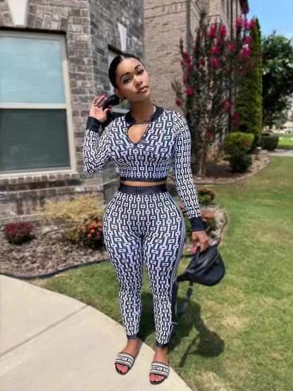 Pant Set Women Two Piece Sets V Neck Full Sleeve Sexy Tops Print Long Pants Elastic Waist Y2k Streetwear Elegant Sheath Slim Fit
