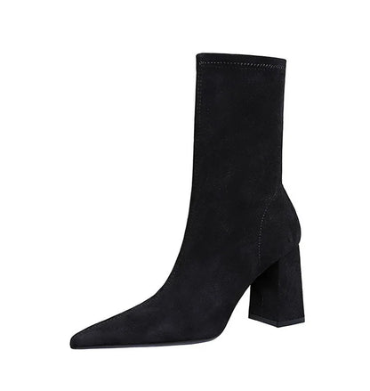 BIGTREE Shoes High Heel Boots Suede Women Ankle Boots Pointed Toe Socks Boots Thick Heel Women Shoes Warm Winter Boots Size 43