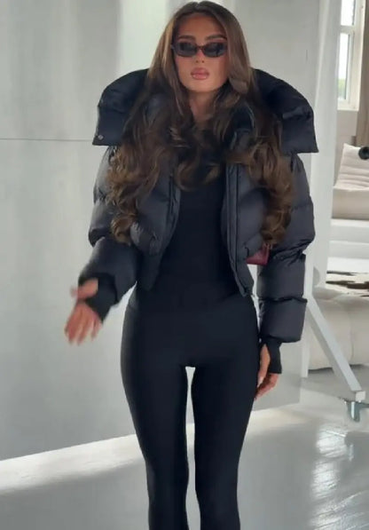 Trendy Solid Hooded Zip Snap Button Short Puffer Jacket Women Slim Fit Cropped Outerwear Winter Casual Street Daily Holiday Wear